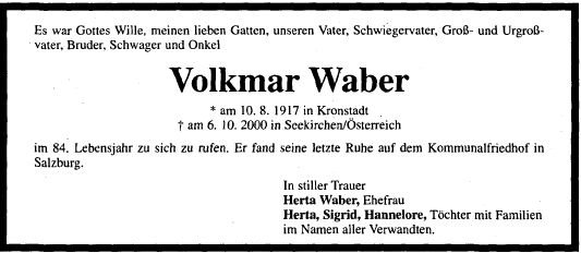 Waber Volkmar 1917-2000 Todesanzeige